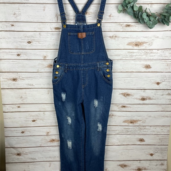 NWT AVA COSTUME Blue Denim Ripped Distressed Bib Overalls size Medium - Picture 1 of 13
